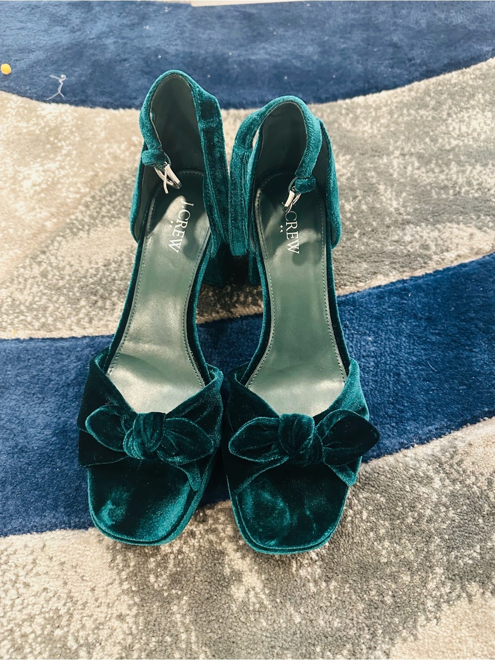 J. Crew Teal Velvet Bow Block Heel Sandals. 9.5